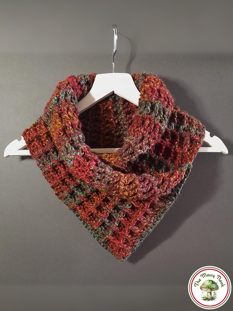 Chunky Waffle Neck Warmer. Cosy and Warm. Handmade Crochet. Brown, Red, Copper.