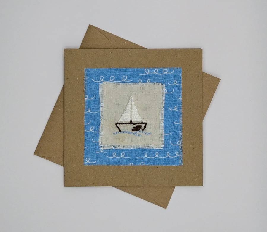 Embroidered Fabric Little Sailing Boat Greetings Card, Hand Sewn