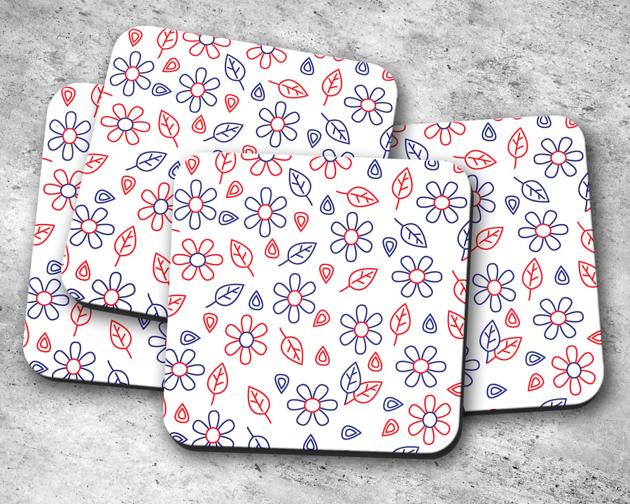 Set of 4 White with Red and Blue Folk Art Design Coasters