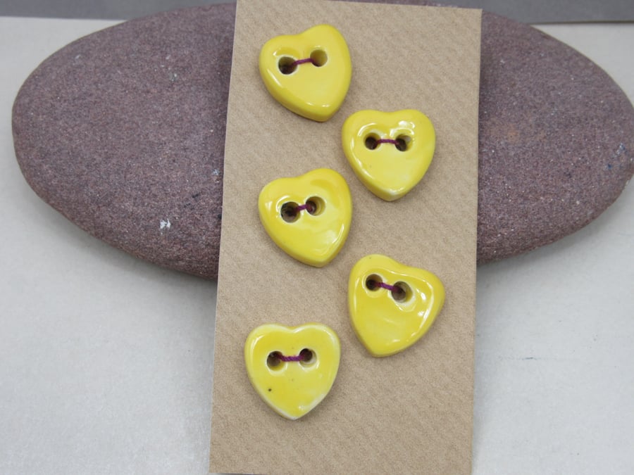5 Small Heart Shaped Lemon Yellow Ceramic Buttons