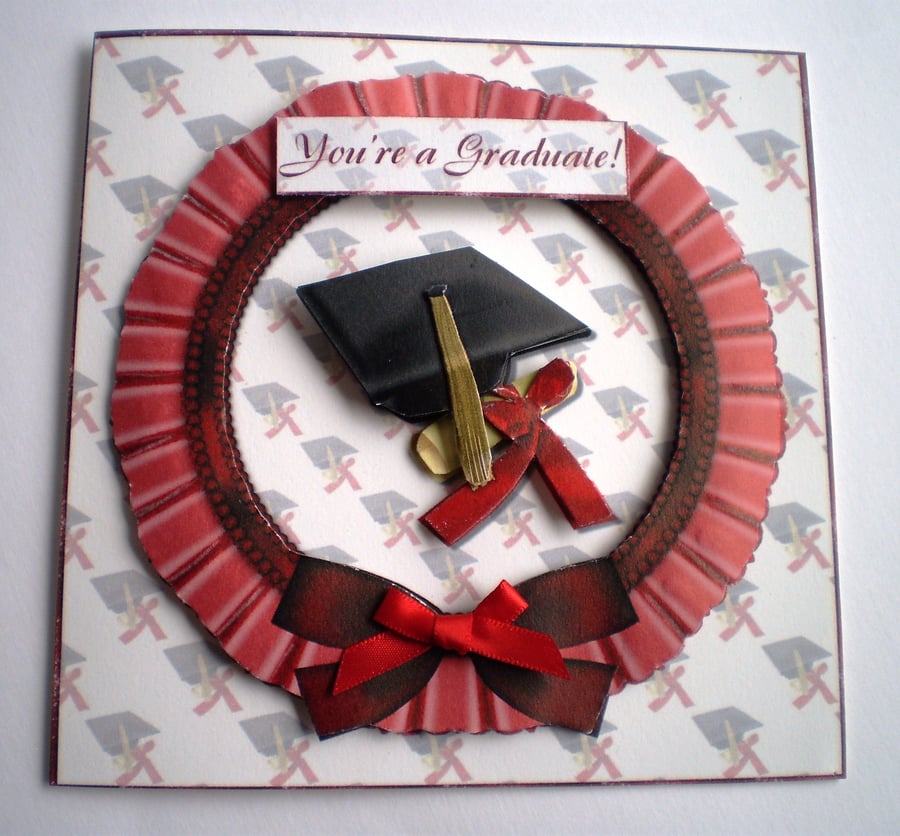 Handmade 3D,Decoupage Graduation Card, Rosette and Mortar Board