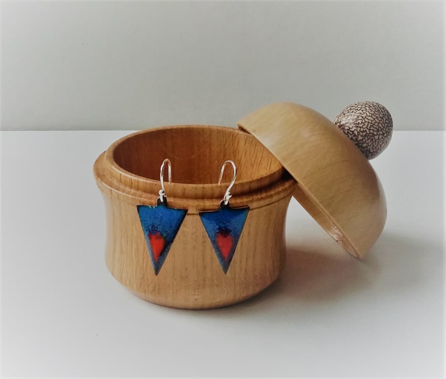 Triangle colour pop earrings in blue and orange enamel on copper 174