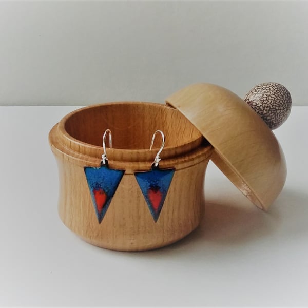 Triangle colour pop earrings in blue and orange enamel on copper 174