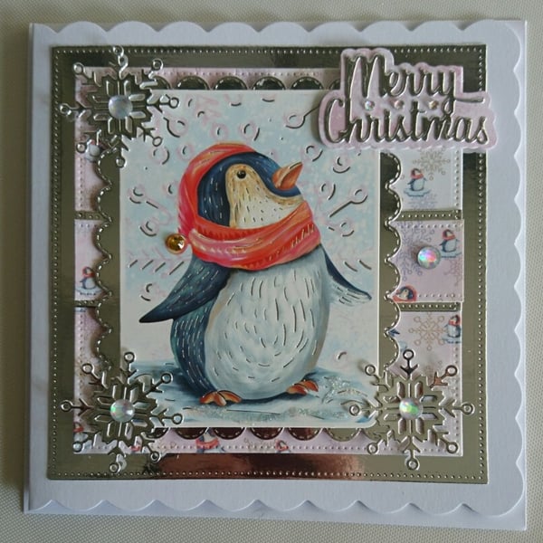 Merry Christmas Card Penguin with Red Scarf on Iceberg v1 3D Luxury Handmade