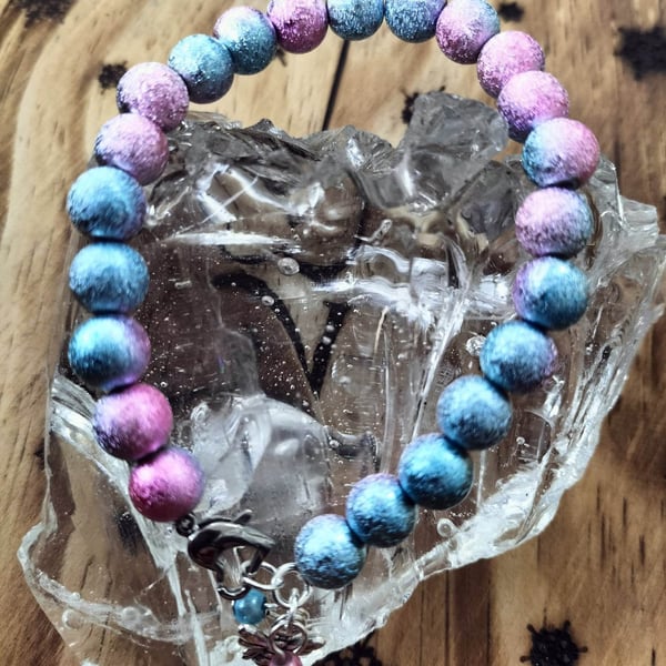 Pink and blue stardust miracle bead bracelet with a bee and heart clasp