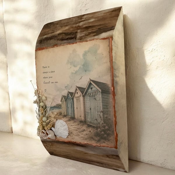 Wooden Coastal Beach Huts Wall Plaque Rustic Seaside Welsh Poplar Wood Art Sign.