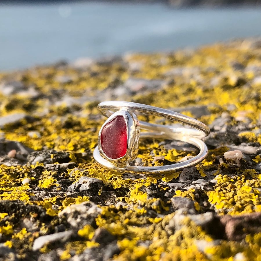 Rare Red Double Band Sea Glass and Sterling Silver Ring- Size Q - 1308