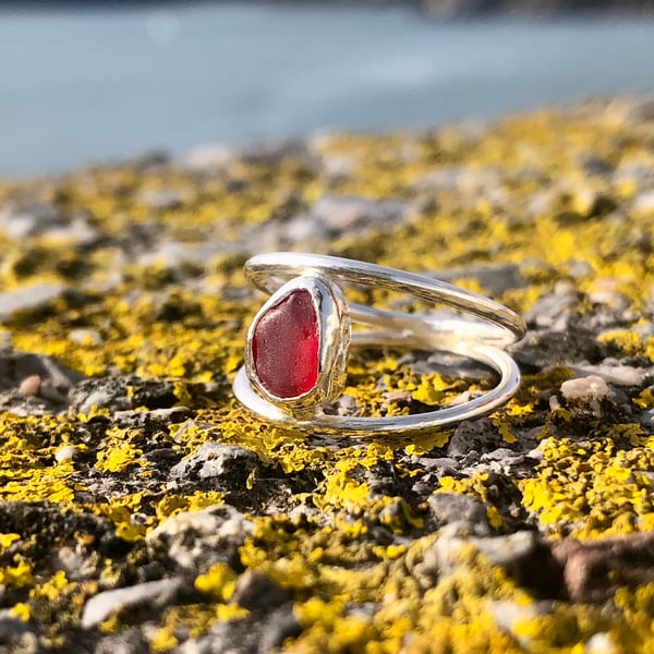 Rare Red Double Band Sea Glass and Sterling Silver Ring- Size Q - 1308