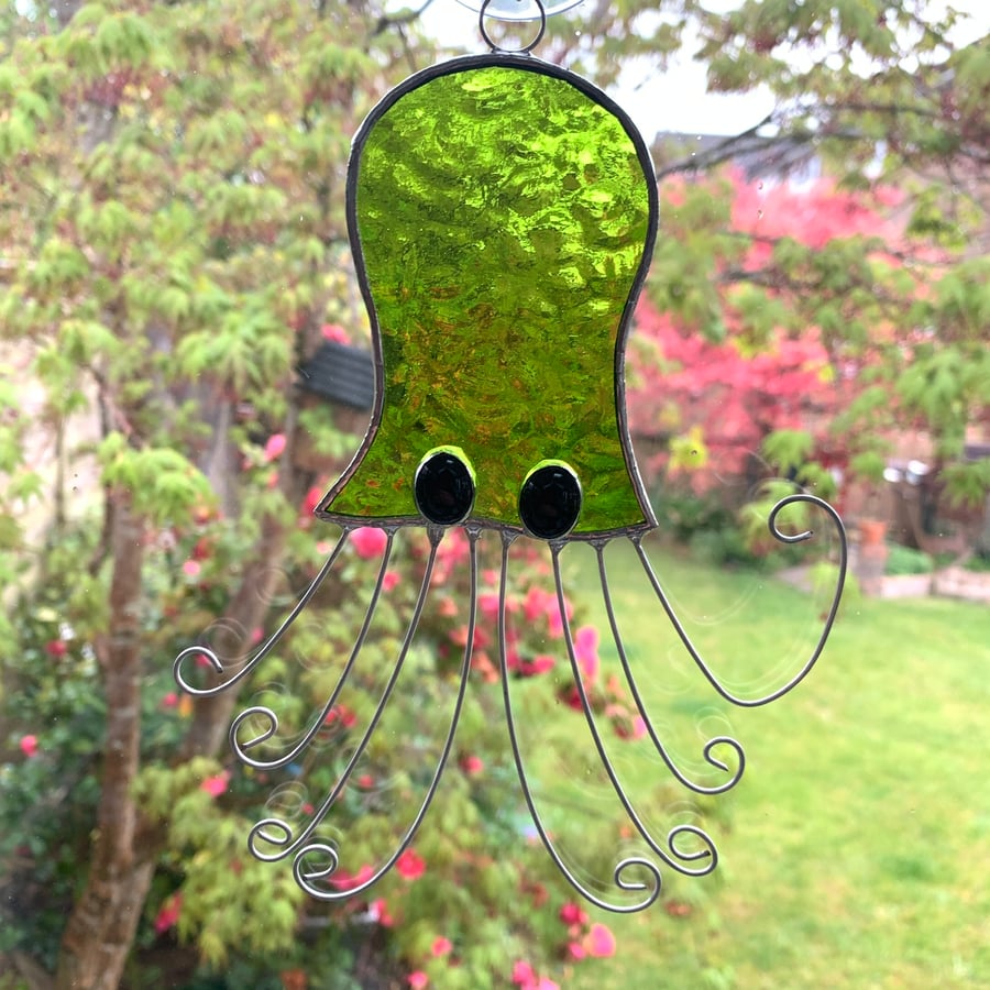 Stained Glass Octopus Suncatcher - Handmade Window Decoration - Lime Green