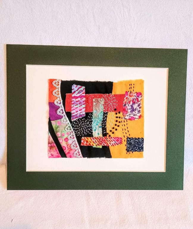 Unframed Abstract Textile Art, Hand Embroidered Mixed Media Fibre Collage 
