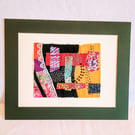 Unframed Abstract Textile Art, Hand Embroidered Mixed Media Fibre Collage 
