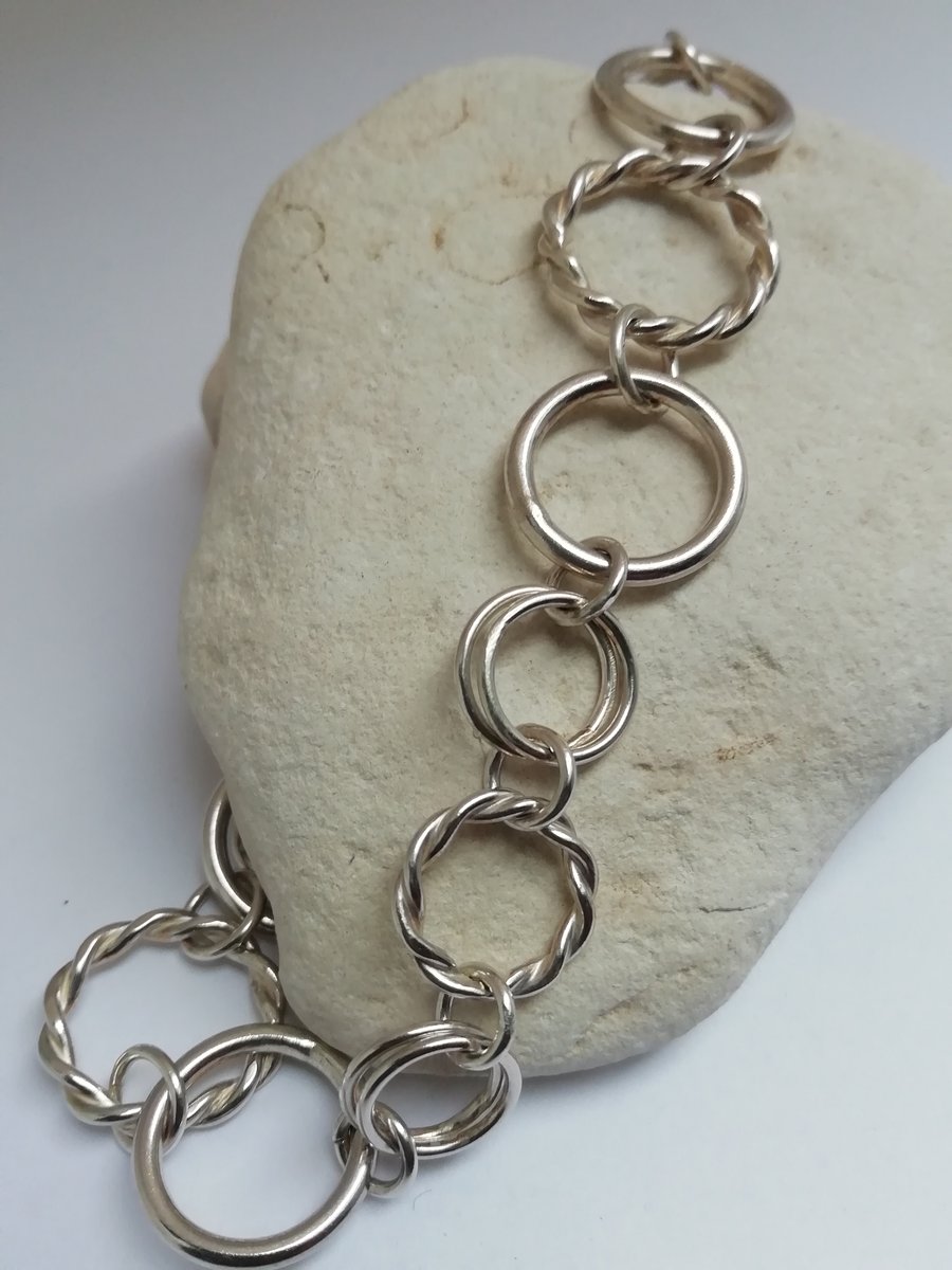 Handmade Silver Link Bracelet with Twisted Wire Links