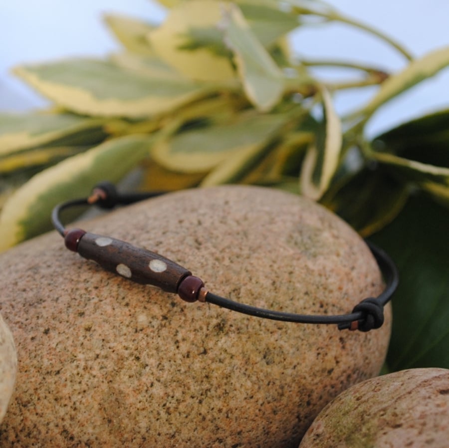 Friendship Bracelet-black leather ethnic dotty wood bead