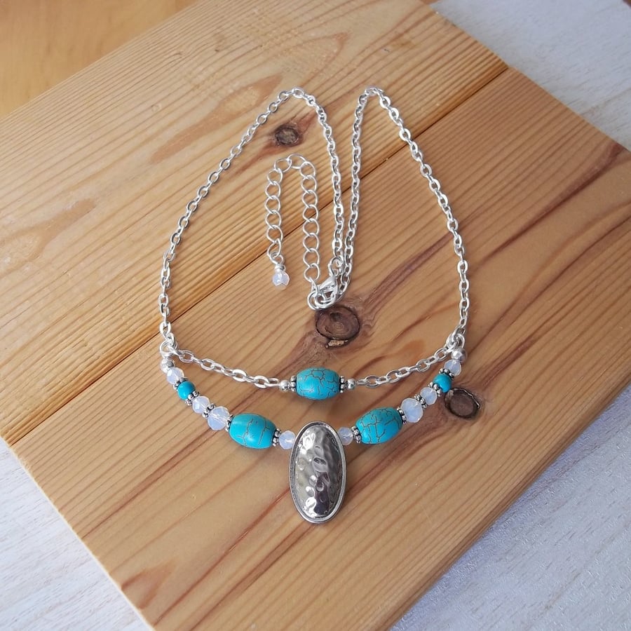Turquoise Howlite & Opalite Layered Necklace, Southwestern Style Beaded Chain