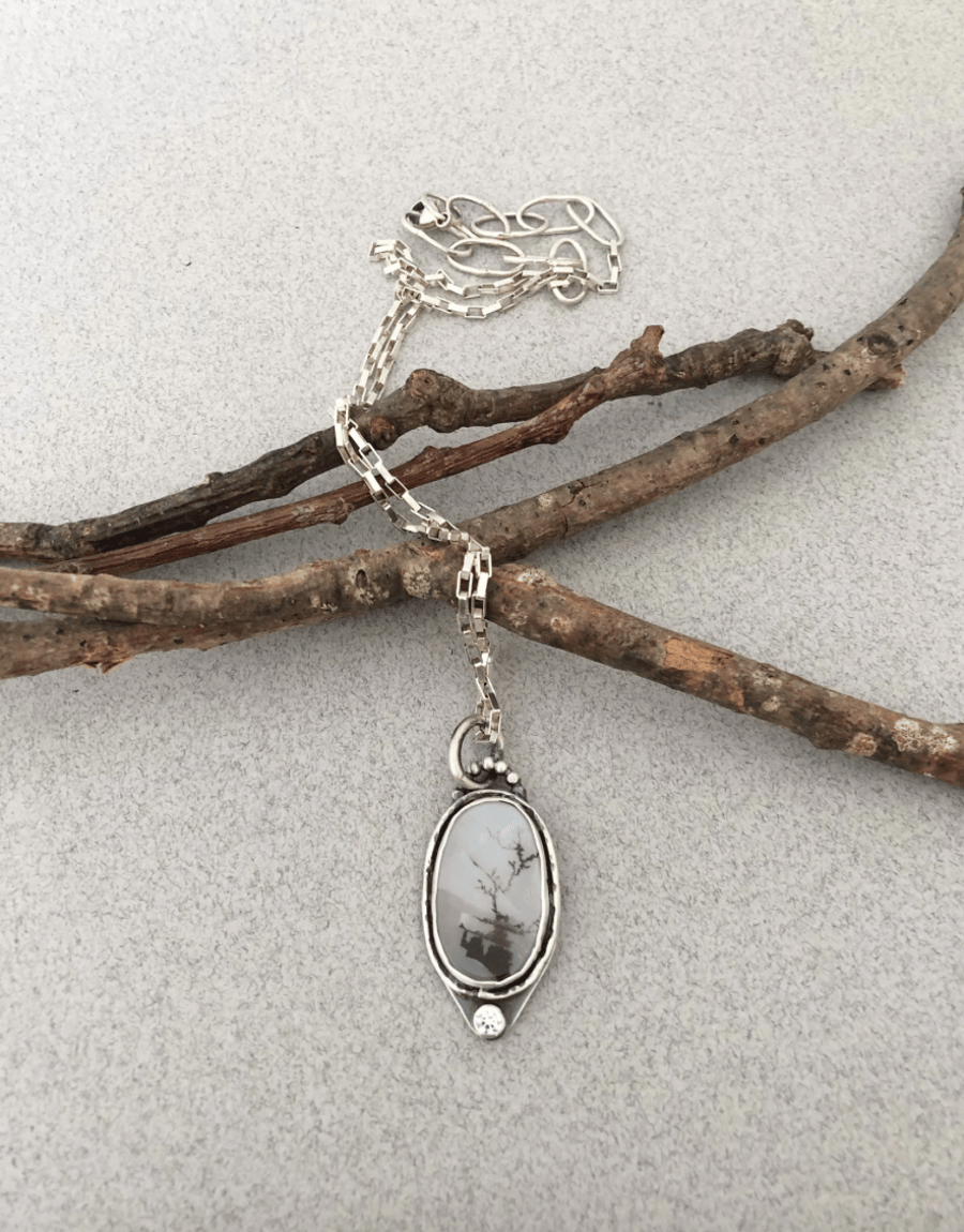 Silver Necklace - Dendritic Agate Necklace - Pendant Necklace - Picture Agate
