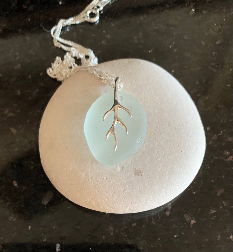 Pale aquamarine seaglass and Sterling silver pendant