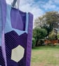 Patchwork peg bag with shoulder strap. Purple, yellow & blue with white spots.  - Image 4