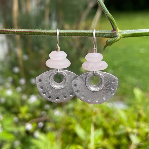 Silver drop earrings with frosted rose quartz beads