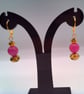 Fuchsia Glass Bead and Gold Crystal Earrings, Hot Pink Earrings, Earrings  - Image 7