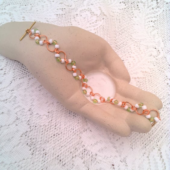Rose Gold Chain Maille Bracelet with Green and White Beads, Gift for Her