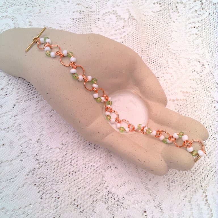 Rose Gold Chain Maille Bracelet with Green and White Beads, Gift for Her