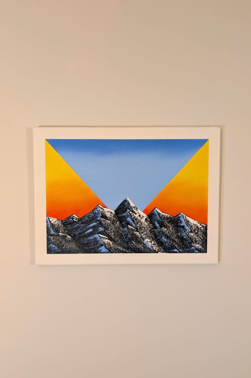 A3 mountain landscape and geometric sunset in oils on canvas