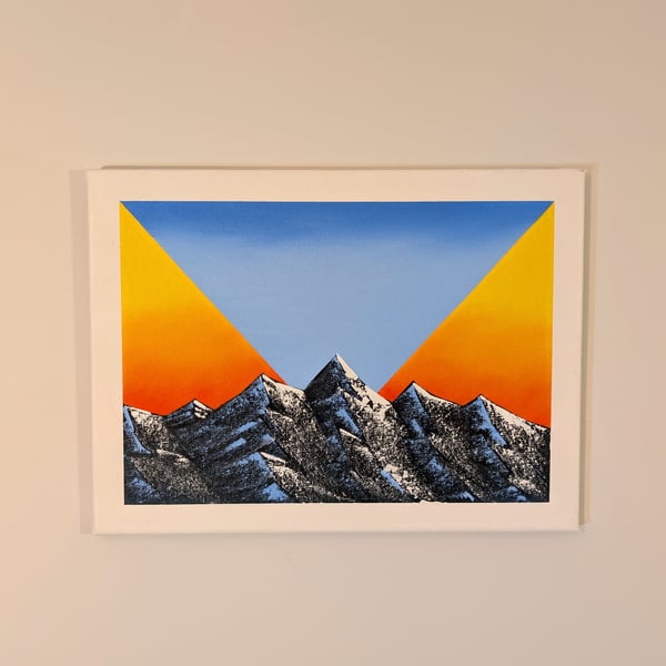 Original mountain landscape and geometric sunset in oils on canvas