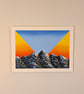 Original mountain landscape and geometric sunset in oils on canvas