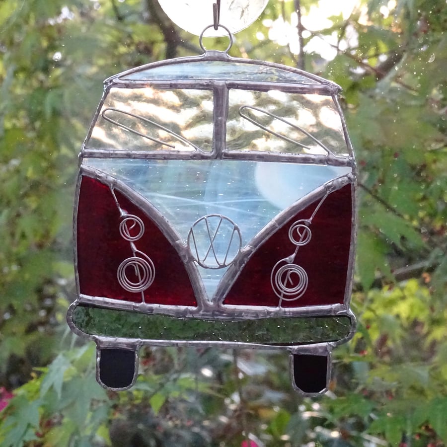 Stained Glass Camper Van Suncatcher - Handmade Hanging Decoration Red and White