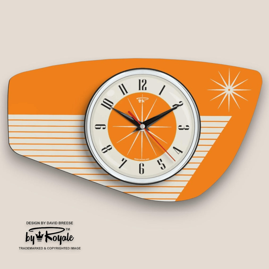 Mid Century Modern Royalexe Laminate Clock By Royale - Radio Grill in Orange