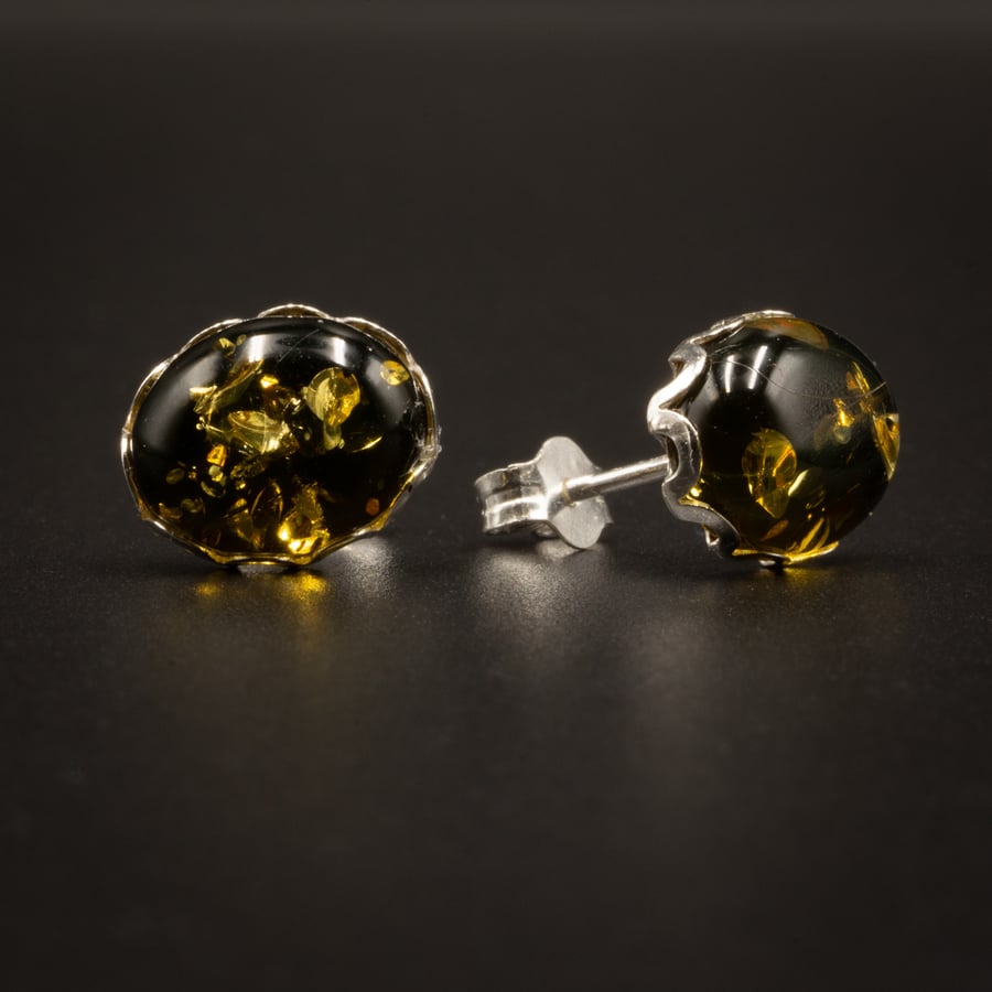 Baltic green amber and sterling silver stud earrings, Leo gift