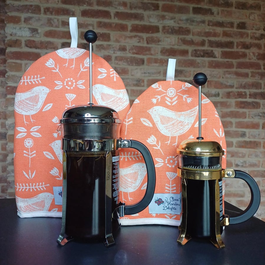 Cafetiere Cosy in Narvik Birds Burnt Orange Fabric