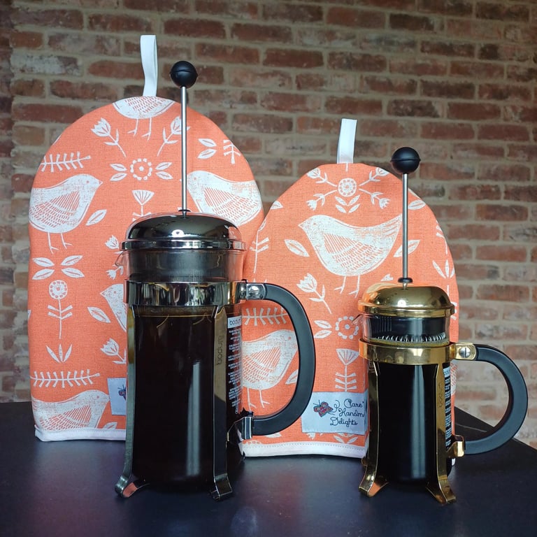 Cafetiere Cosy in Narvik Birds Burnt Orange Fabric