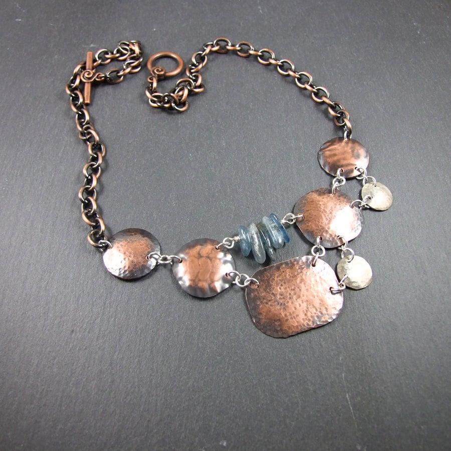 Statement Necklace, Geometric Bib, Copper and Sterling Silver with Kyanite