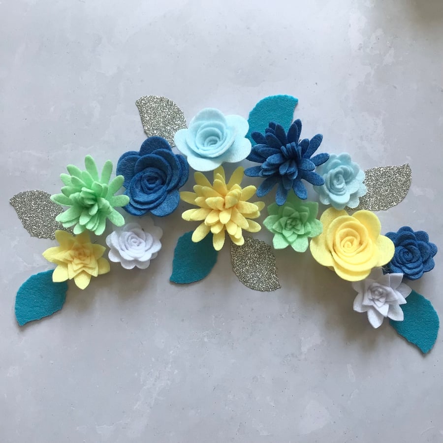 Seaside Blue, Yellow & Silver Felt Flower Kit, Felt 3D flowers, Roll up felt flo