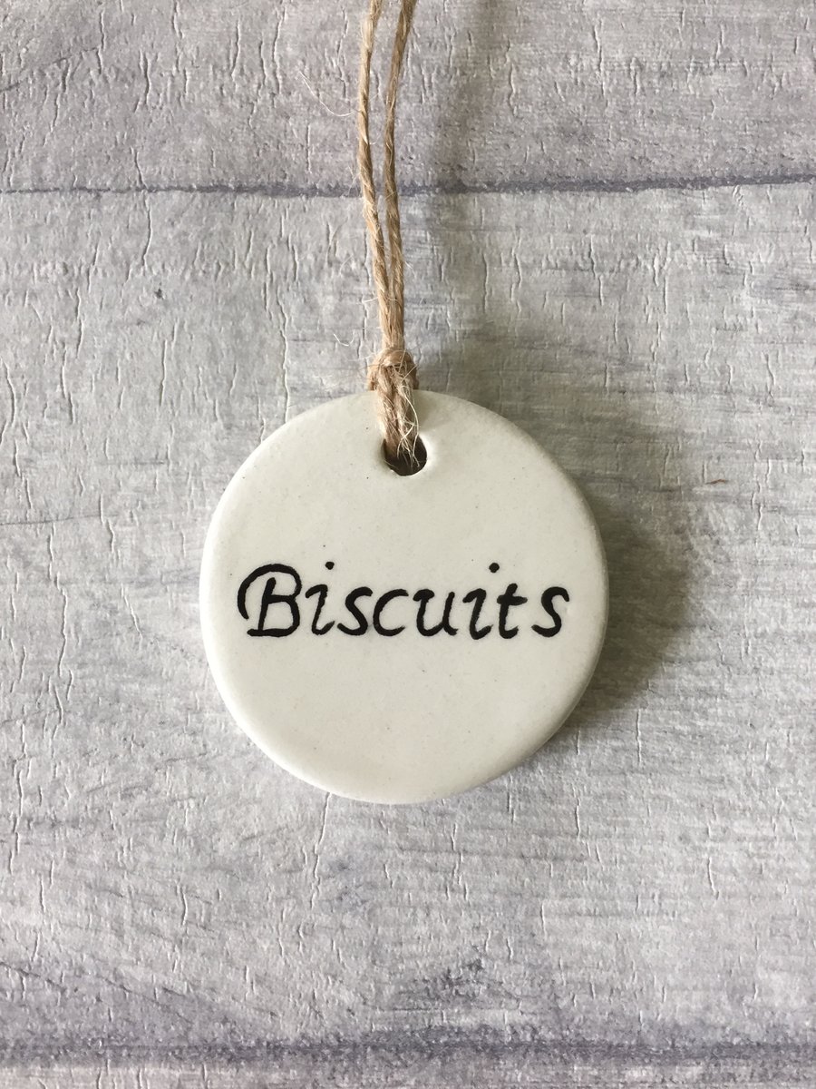 Handmade ceramic biscuits tag. Biscuits storage jar label. BISCUITS OPTION.