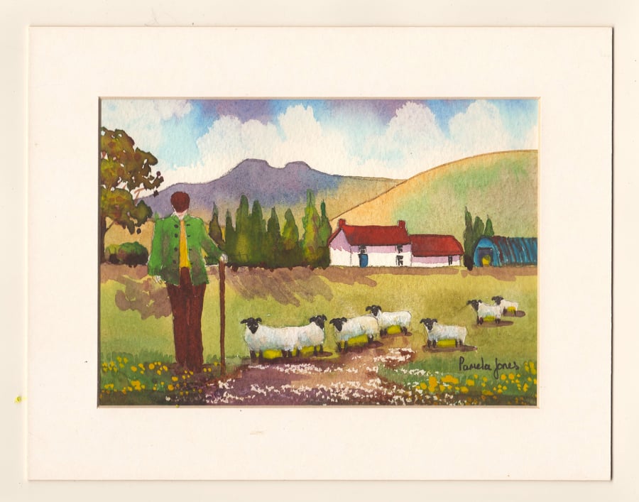 Brecon Beacons, Farmer, Sheep, Original Watercolour, in 9 x 7 '' Mount