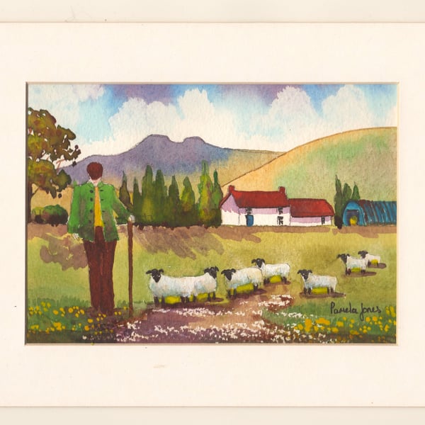 Brecon Beacons, Farmer, Sheep, Original Watercolour, in 9 x 7 '' Mount
