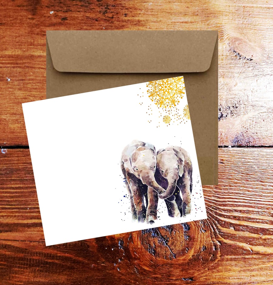 Elephants Art Square Christmas Card(s) Single Pack of 6.Elephants cards,Elephant