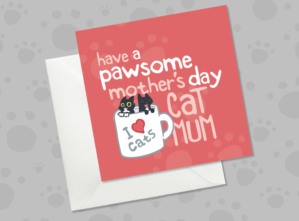 Red Mothers Day card for cat mums, cute cats in mug design 