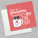 Red Mothers Day card for cat mums, cute cats in mug design 