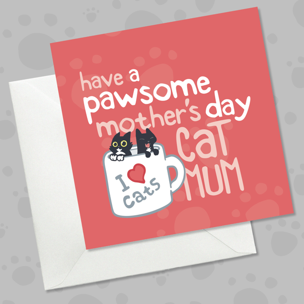 Red Mothers Day card for cat mums, cute cats in mug design 