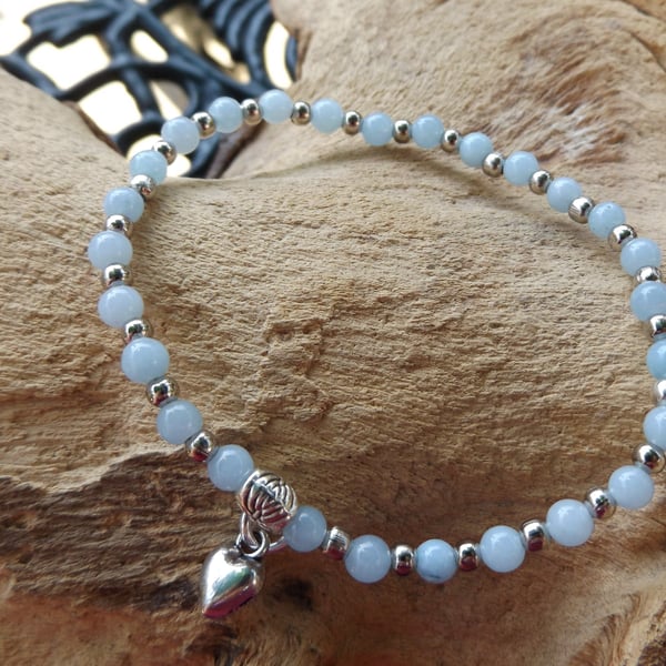 Aquamarine and silver heart charm stretch bracelet