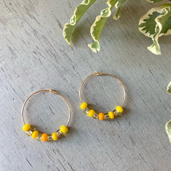 Citrus Beaded Hoop Earrings, filled gold, yellow & orange