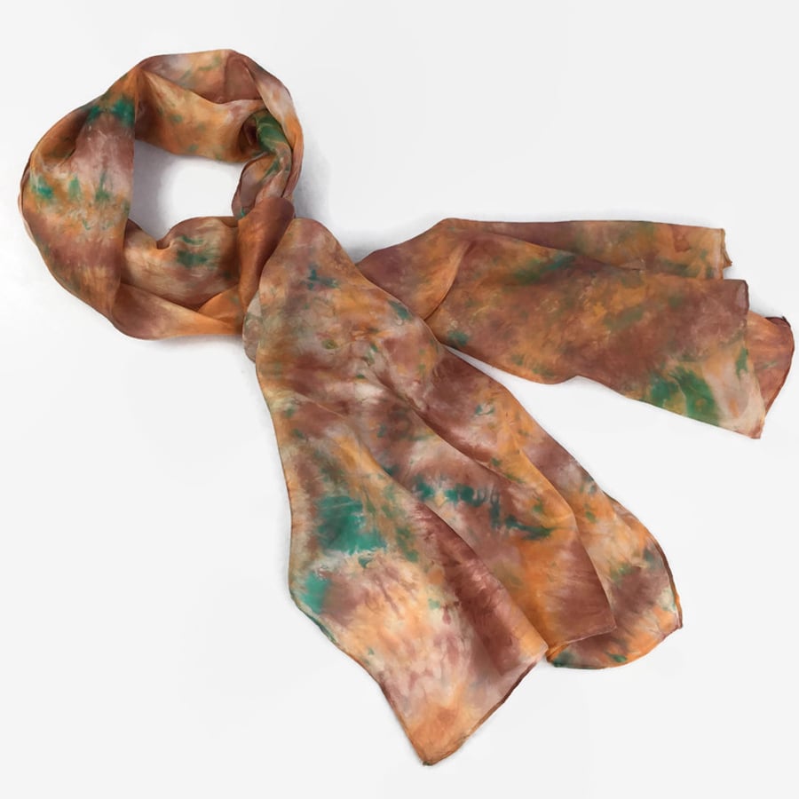 Hand dyed silk scarf in brown and green