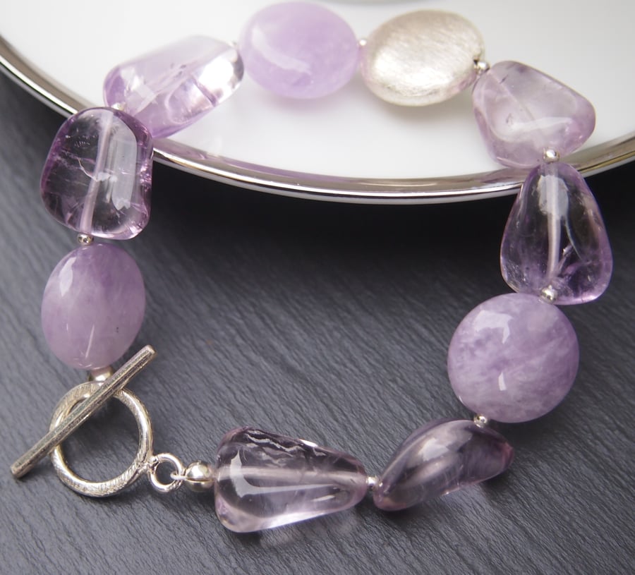Lavender amethyst and sterling silver pebble bracelet