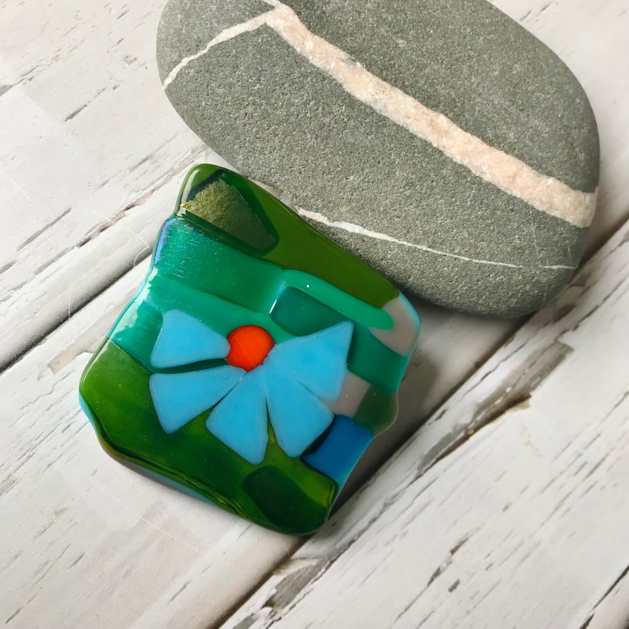 Blue flower brooch, fused glass