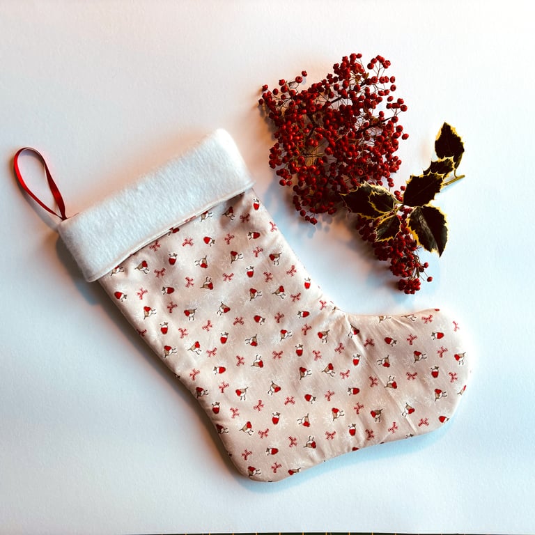 Festive Christmas stocking with robins and bows