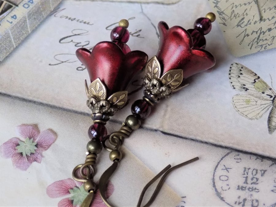 Copper Red Fairy Bell Small Hand Painted Lucite Flower Earrings