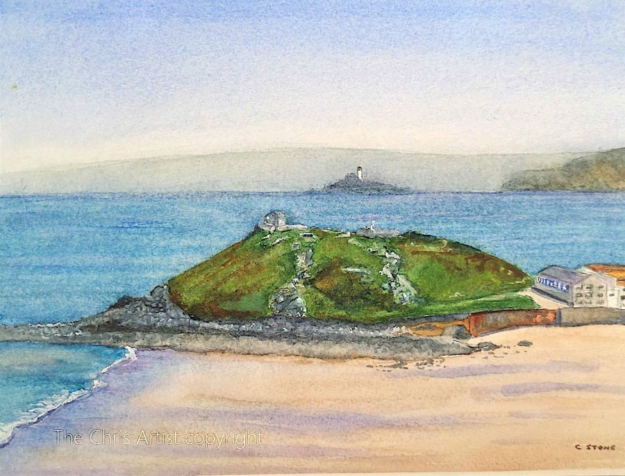 Original watercolour painting Porthmeor Beach and The Island St. Ives Cornwall
